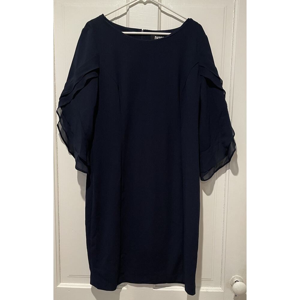 DKNY Navy Blue Sheath Dress Chiffon Tulip Sleeve Formal Party Wedding Size 16